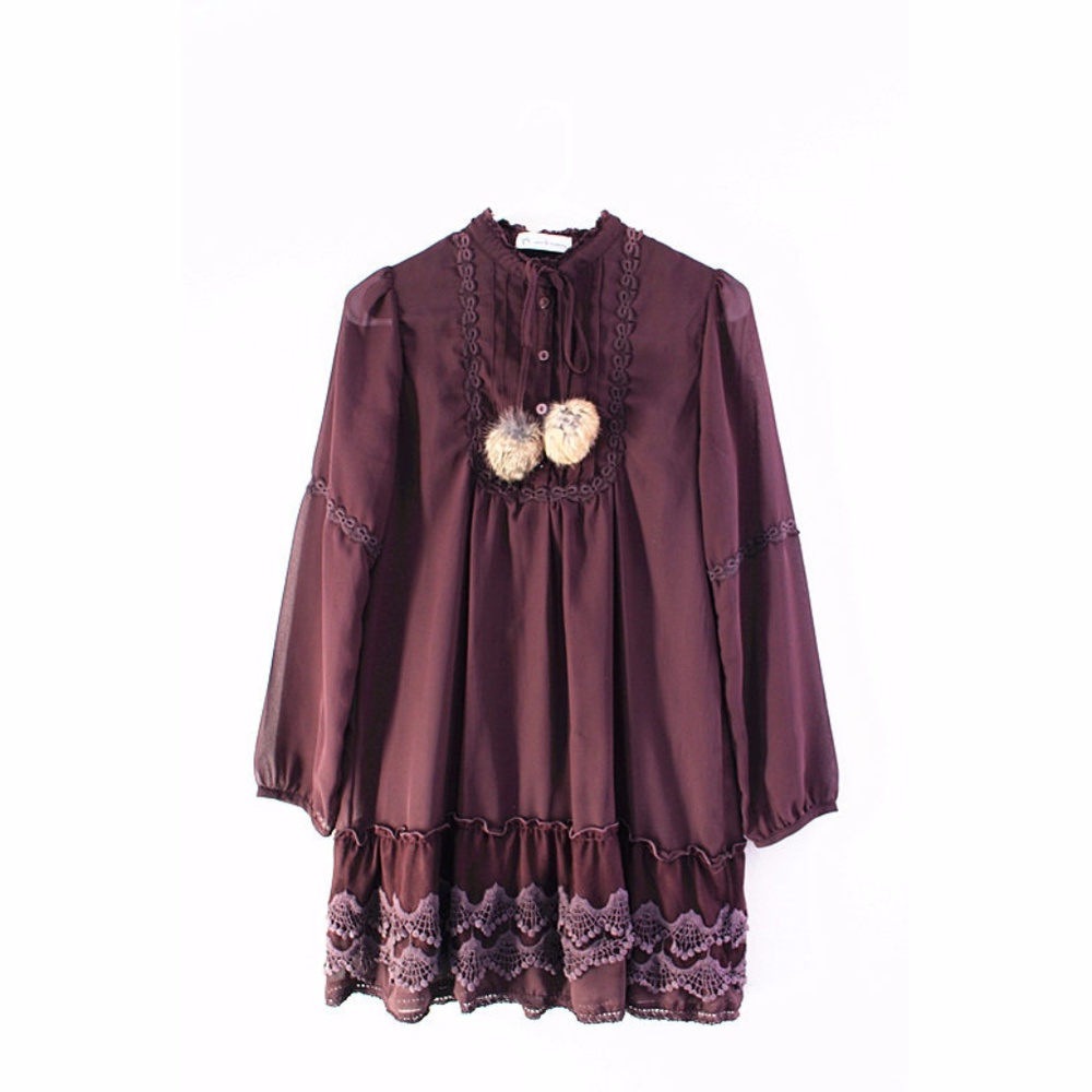 Fur Pom Pom Embroidered Lace Burgundy Dress